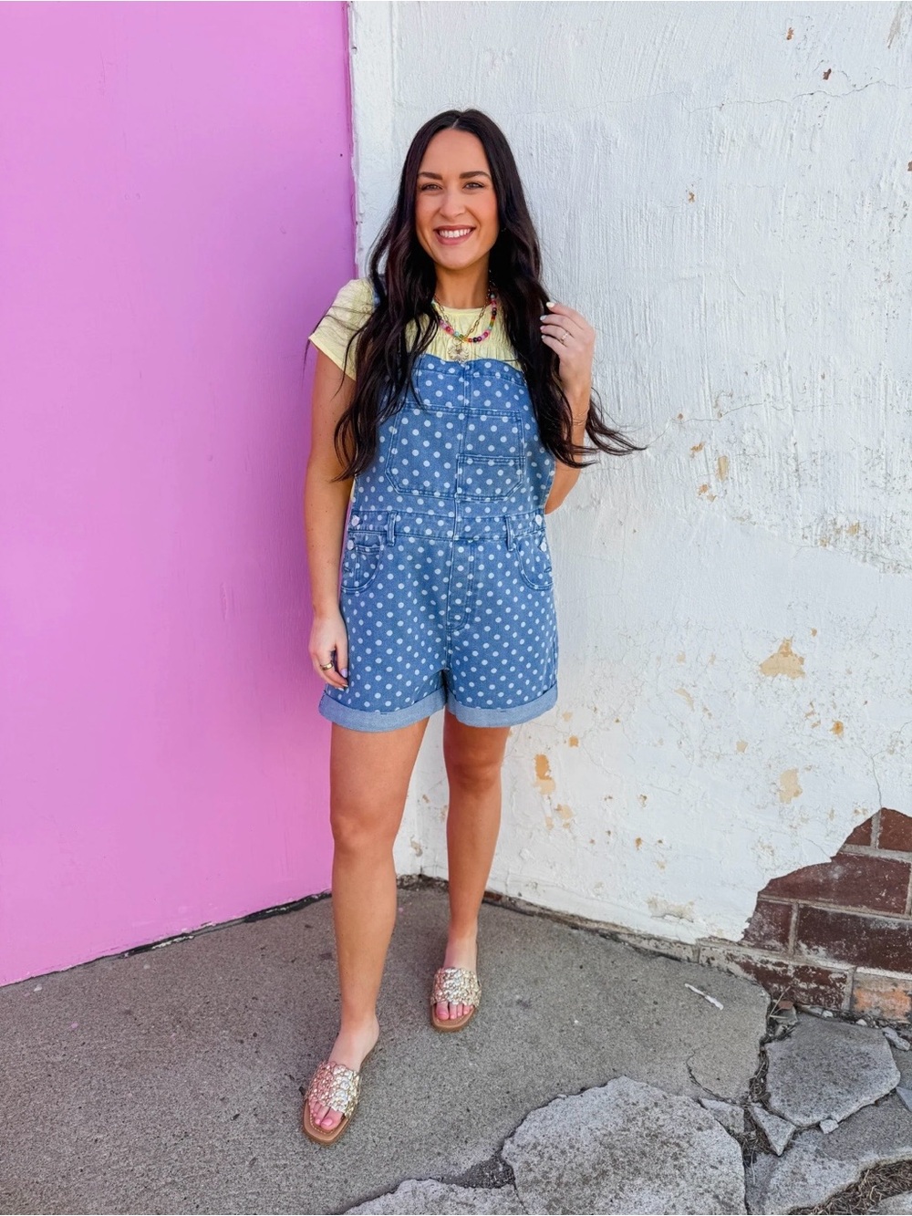 Blue Polka Dot Denim Short Overalls